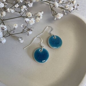 Handmade turquoise green blue mini ceramic silver hook circle earrings image 2