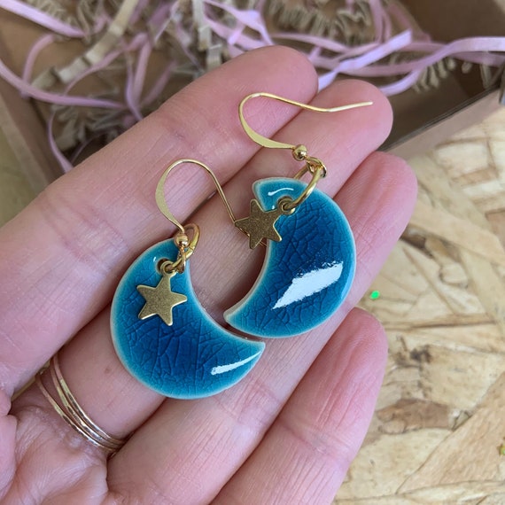 Handmade Ceramic Moon Earrings Turquoise Crackle Glaze Clay