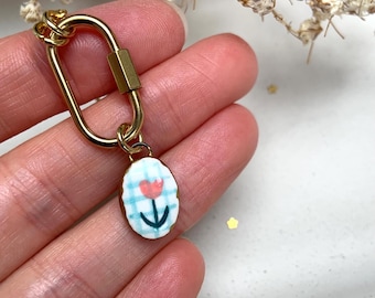 Handmade Ceramic Charm Necklace Carabiner Clasp pink flower oval necklace girlfriend gift