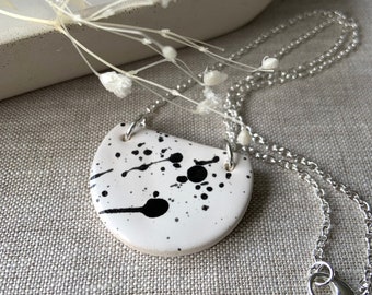 Half circle necklace splatter black and white ceramic necklace silver plated 18 inch chain  monochrome