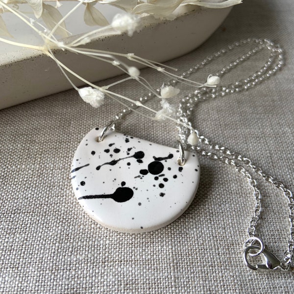 Half circle necklace splatter black and white ceramic necklace silver plated 18 inch chain  monochrome