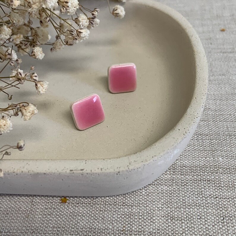Small square earrings, ceramic stud earrings, bright pink , clay earrings, geometric, handmade earrings image 4