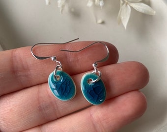 Handcrafted Turquoise Oval Ceramic Earrings with Silver Plated hooks