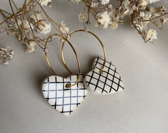 Handmade vintage black, grid earrings,  Ceramic Gold Hoop Earrings, striped, earrings, hearts with black squares, china