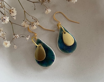 Ceramic earrings, Geometric crackle blue green dangles, teardrop earrings, statement earrings, minimalist, hook earrings, gold wedding