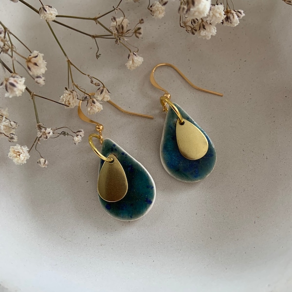 Ceramic earrings, Geometric crackle blue green dangles, teardrop earrings, statement earrings, minimalist, hook earrings, gold wedding