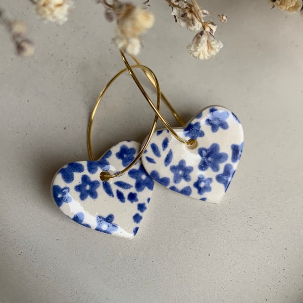 Handmade vintage blue, flower print earrings,  Ceramic Gold Hoop Earrings, floral, delft blue earrings, hearts with blue flowers,