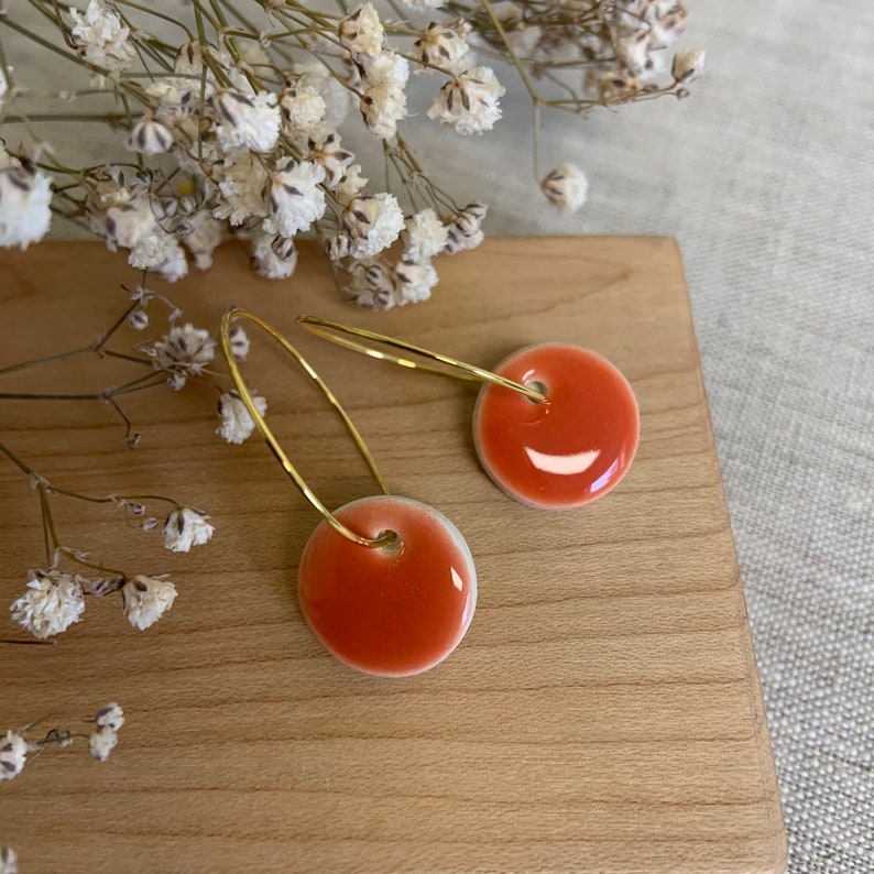 Handmade earrings Handmade bright orange mini ceramic hoop circle earrings image 10