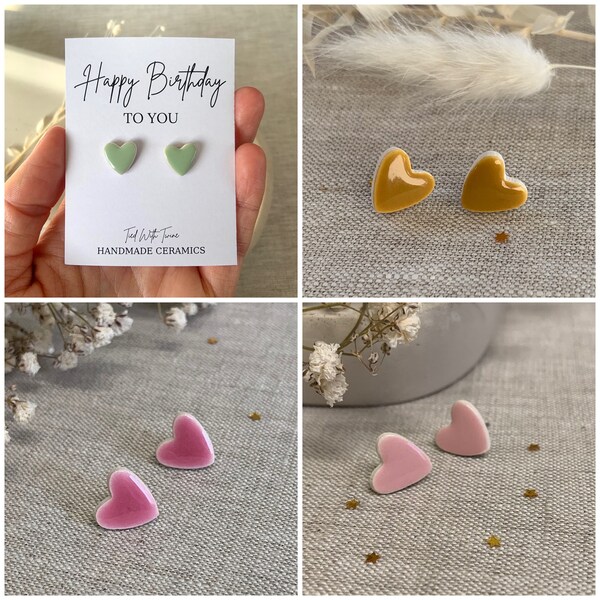 Happy Birthday, gift for her, small heart earrings, ceramic stud earrings,