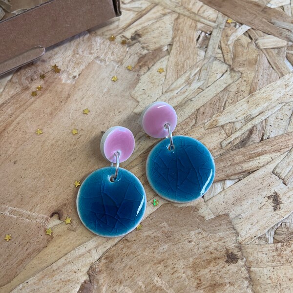 Ceramic earrings, clay earrings, surgical steel, turquoise crackle glaze, bright pink circle earrings