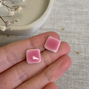 Small square earrings, ceramic stud earrings, bright pink , clay earrings, geometric, handmade earrings image 2