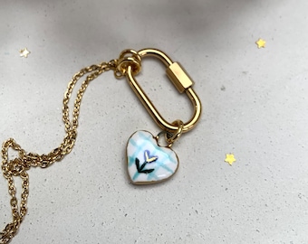 Handmade Ceramic Charm Necklace Carabiner Clasp blue flower hexagon necklace girlfriend gift