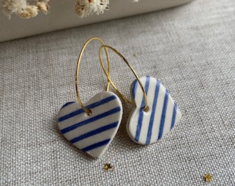 Handmade vintage blue, stripy earrings,  Ceramic Gold Hoop Earrings, striped, earrings, hearts with blue stripes, china