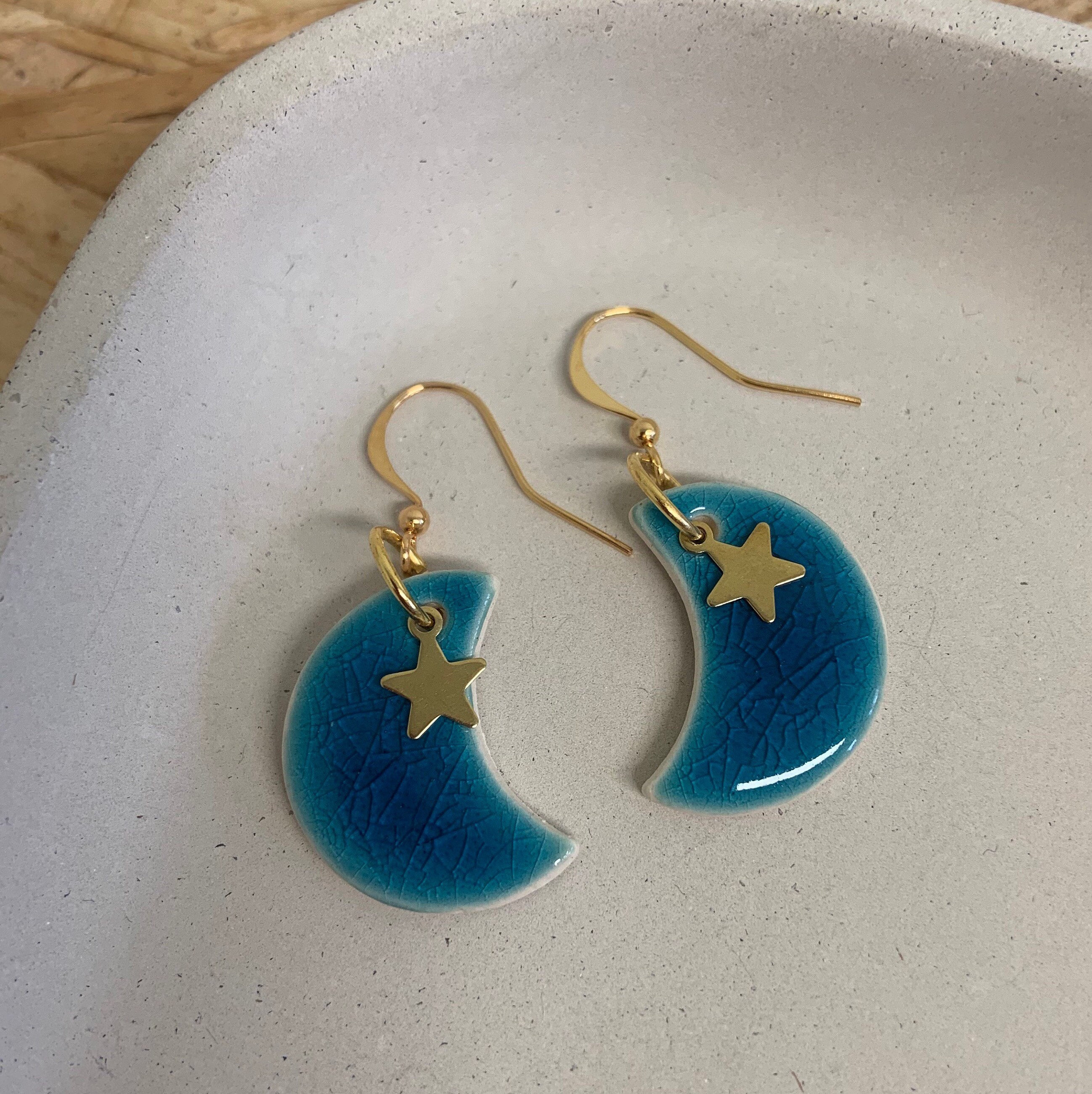 Handmade Ceramic Moon Earrings, Turquoise , Crackle Glaze