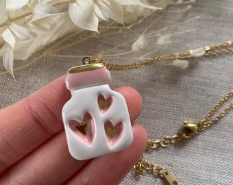 Pink Ceramic Heart Jar Necklace, Clay Love Potion Charm Necklace, 24K Gold Lustre, 17-Inch Stainless Steel Chain