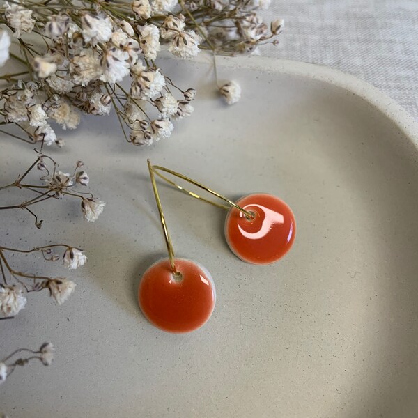 Handmade earrings Handmade bright orange mini ceramic hoop circle earrings