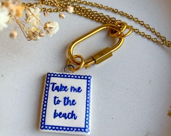 Handmade Ceramic Charm Necklace: Beach Lover Carabiner Charm Holder