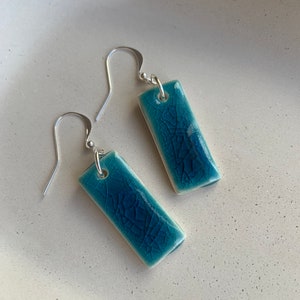 Ceramic earrings, Handmade turquoise green blue earrings, rectangle, rectangular, simple