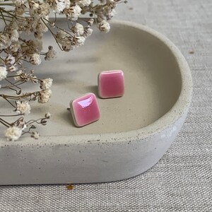 Small square earrings, ceramic stud earrings, bright pink , clay earrings, geometric, handmade earrings image 5