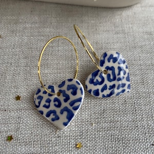Handmade vintage blue, leopard print earring,  Ceramic Gold Hoop Earrings, heart, delft blue earrings,