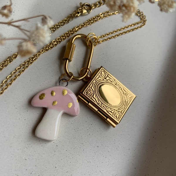 Carabiner Charm Necklace: Handmade Ceramic Mushroom, Spell Book Locket