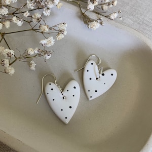 Handmade earrings Clay earrings, Handmade ceramic earrings, polka dot heart , silver plated, silver hook earrings, spotty