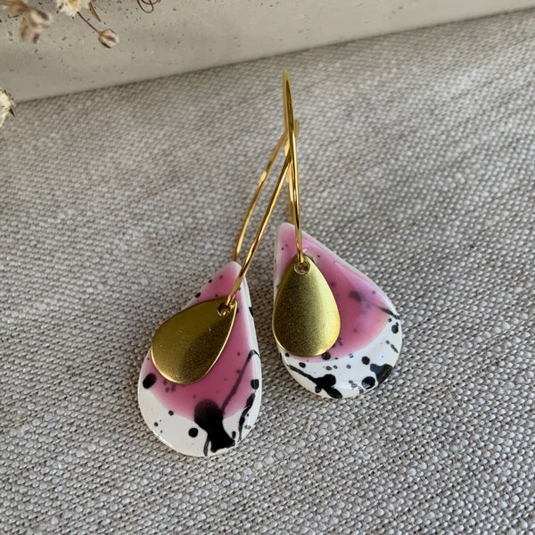 Clay earrings Bright pink earrings, Ceramic earrings, clay earrings, pink specked, dangle, Gold plated ear wires, teardrop bridesmaid
