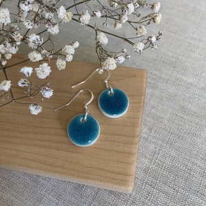Handmade turquoise green blue mini ceramic silver hook circle earrings image 6