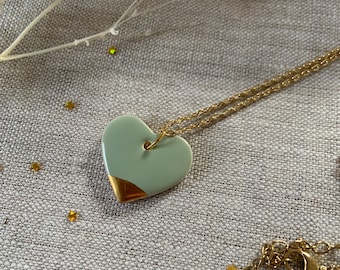 Pastel Ceramic heart necklace, clay necklace, mint green heart necklace, 24 karat gold lustre, 17 inch stainless steel chain, gold