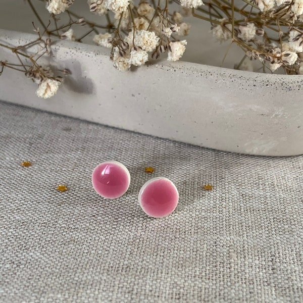 Handmade Ceramic Dot Stud Earrings Minimalist Bright Pink Surgical Steel