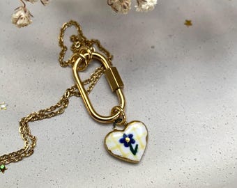 Handmade Ceramic Charm Necklace Carabiner Clasp blue flower heart girlfriend gift