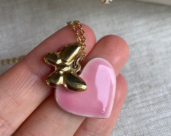 Baby pink heart butterfly charm necklace ceramic necklace stainless steel gold butterfly