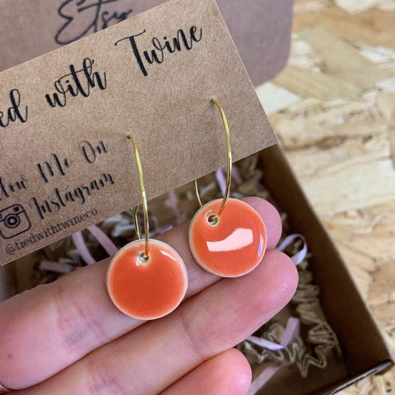 Handmade earrings Handmade bright orange mini ceramic hoop circle earrings image 7