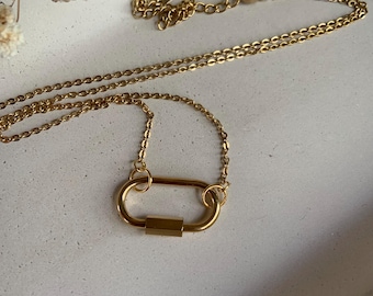 Gold Carabiner Charm Necklace: Stainless Steel Chain, Handmade Jewelry Gift