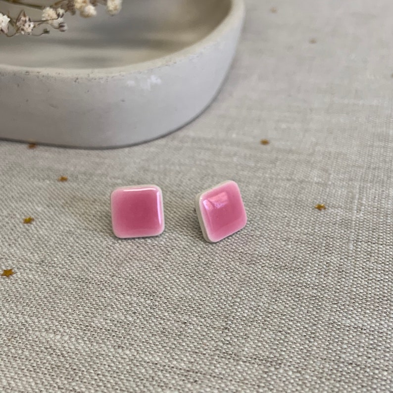 Small square earrings, ceramic stud earrings, bright pink , clay earrings, geometric, handmade earrings image 3