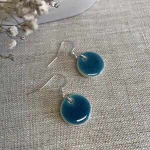 Handmade turquoise green blue mini ceramic silver hook circle earrings image 3