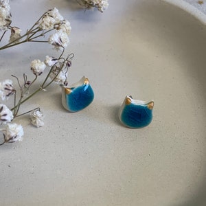 Simple cat face ceramic stud earrings, turquoise and gold earrings,small earrings, geometric earrings, minimalist earrings, image 5