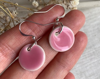 Handmade earrings Handmade pink mini ceramic circle earrings wedding bridesmaid dot earrings clay earrings silver plated