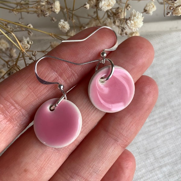Handmade earrings Handmade pink mini ceramic circle earrings wedding bridesmaid dot earrings clay earrings silver plated