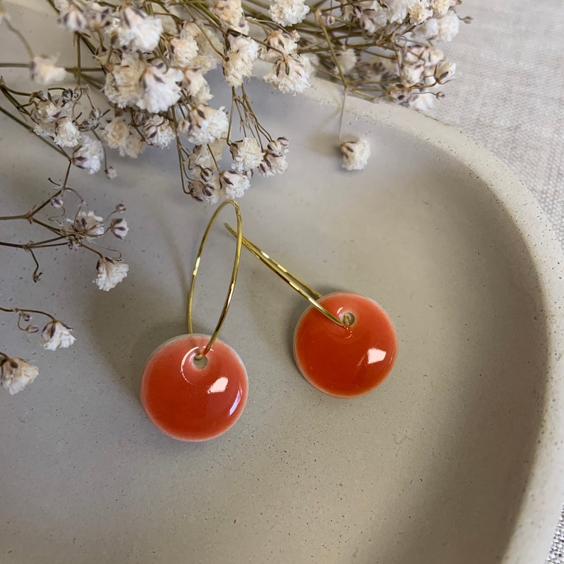 Handmade earrings Handmade bright orange mini ceramic hoop circle earrings image 3