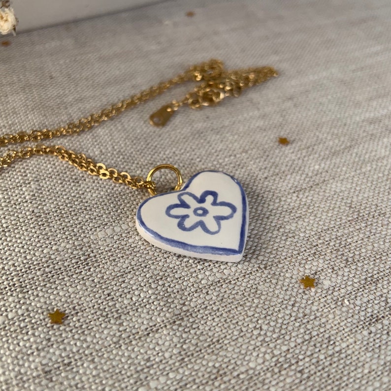 Ceramic necklace, clay necklace, blue, flower charm necklace, 17 inch stainless steel chain, gold, blue pottery doodle necklace image 4