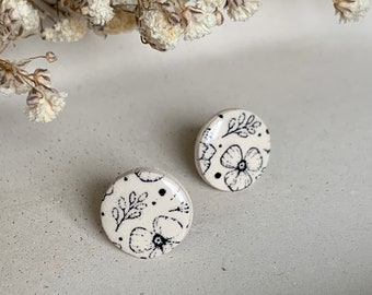 Handcrafted vintage black floral ceramic stud earrings, delft-inspired design, black round studs, handmade ceramic pottery earrings, China