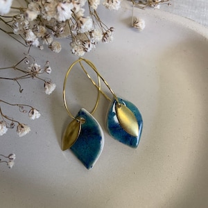 Handmade Ceramic Hoop Earrings: Jade Green Crackle Glaze, Gold Leaf Charm