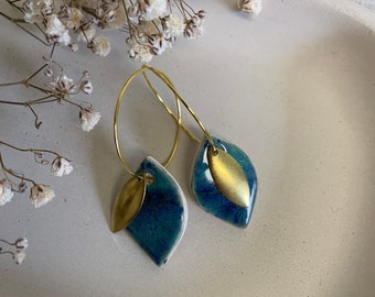 Handmade earrings Clay earrings, ceramic earrings, Handmade jade green crackle glaze ceramic hoop earrings leaf with gold charm bridesmaid