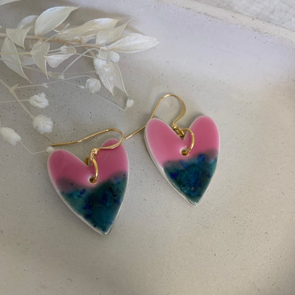 Ombre Jade Green Crackle Heart Earrings, Gold Plated, Statement Dangles with Bright Pink Ceramic Accents