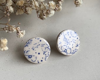 Oversized vintage blue, flower print earrings,  Ceramic stud Earrings, floral, delft blue earrings, statement round studs, China
