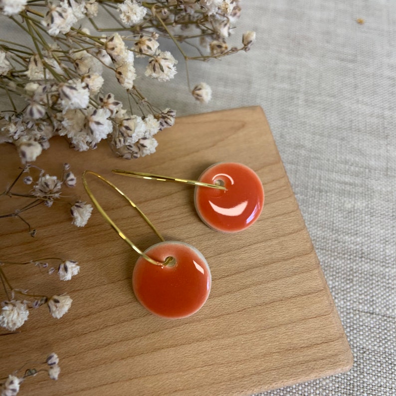 Handmade earrings Handmade bright orange mini ceramic hoop circle earrings image 9