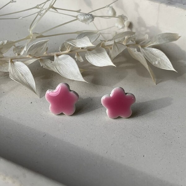 Handmade Bright Pink Ceramic Flower Stud Earrings Tiny and Dainty