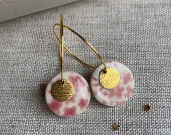 Handmade vintage blue, floral print earring,  Ceramic Gold Hoop Earrings, Round Disk Circle, pink earrings, textured gold, flower