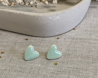 Small heart earrings, ceramic stud earrings, mint, green, clay heart earrings